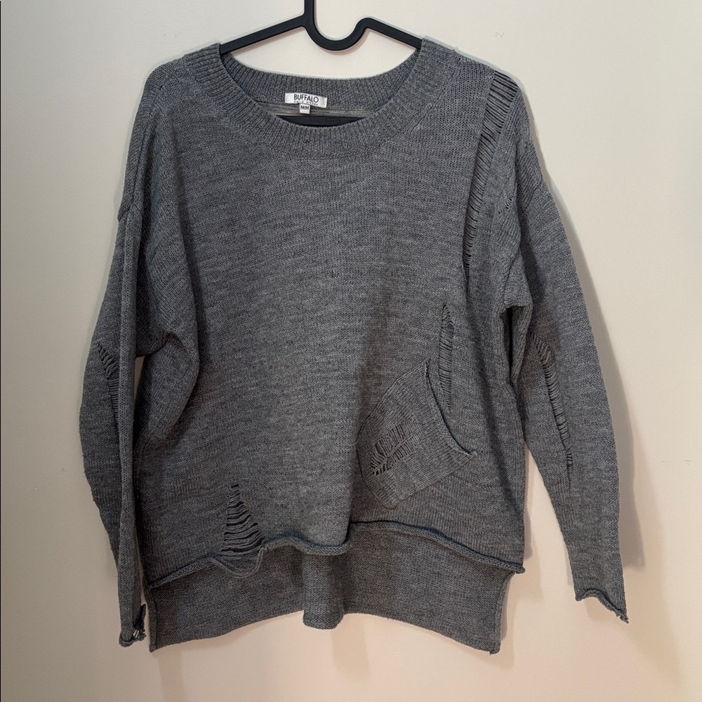 Buffalo David Bitton Women Charcoal grey Knit Ripped distress Sweater Size Med